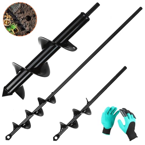 SENENQU 3PCS Tariere pour Perceuse Mèche Jardin Ø 80mm×300mm+ Ø 40mm×420mm+ Ø 40mm×220mm Foreuse Jardin en Spirale avec Gants Jardinage - Rapidement Creuser des Trous - Outil Foret Tariere Perceuse
