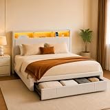 Japovker Full Size Bed Frame with 2-Tier Storage Headboard, Upholstered Platform Bed Frame with Storage Drawer, LED Lights & Charging Station, No Box Spring Needed, Easy Assembly, Beige