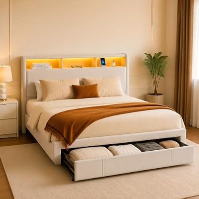 Japovker Full Size Bed Frame with 2-Tier Storage Headboard, Upholstered Platform Bed Frame with Storage Drawer, LED Lights & Charging Station, No Box Spring Needed, Easy Assembly, Beige