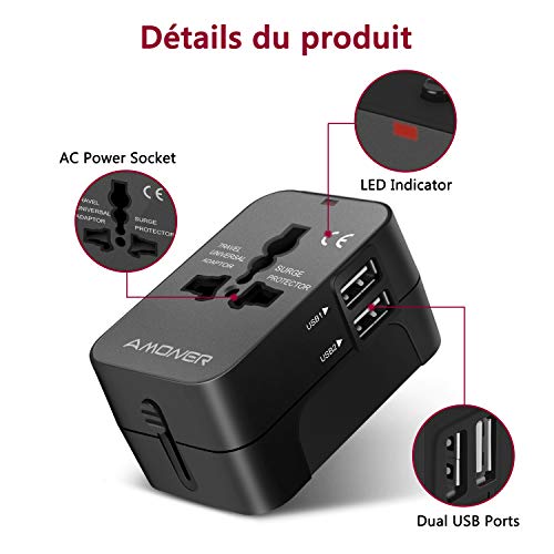 Travel Adapter, Amoner Worldwide All in One Universal Power Wall Charger AC Power Plug Adapter with Dual USB Charging Ports for USA EU UK AUS Cell Phone Laptop - Thumbnail 3