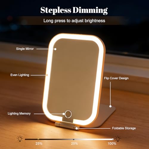 Espejo de maquillaje de viaje con luz LED Apradas blanco, espejo cosmético portátil y recargable 4