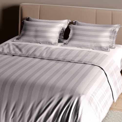 Image of Sassoon Artemis Italian Jacquard Weave Sateen Cotton Bedsheet - 400 TC, Cotton, Stripe Design, King Size (108 x 108 inches), Color: Birch Grey, Soft, Breathable, - 1 Bedsheet + 2 Pillow Covers