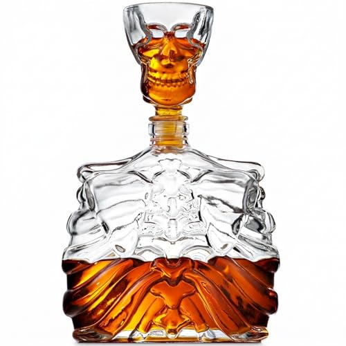 Godinger Whiskey Decanter and Shot Glass, Skull Skeleton Decanter, Halloween Decor, Skeleton Decorations, Liquor Decanter and Whiskey Glass Shot Glasses Set, Halloween Decorations - 32oz