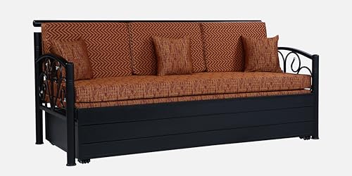 Image of Rokkove 3 Seater Metal Sofa Cum Bed with Hydraulic Storage | King Size Sofa Cuma Bed | Metal Sofa Set for Living Room (Matte Black Finish with Light & Dark Brown Mix Cushion)