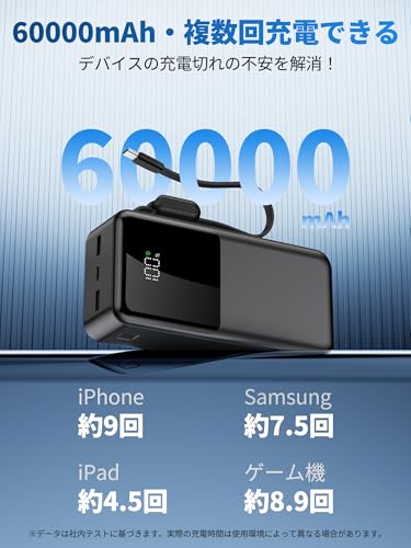 モバイルバッテリー 大容量【60000mAh・業界新モデル・高出力ケーブル内蔵】モバイルバッテリー 急速充電 22.5W/20W対応 携帯充電器 5台同時に充電 Type-C入出力ポート 最大3A出力 LED残量表示 PSE技術認証済 安全設計＆回路保護 スマホ充電器 iPad/iPhone/Android全種機器対応 コンパクト&軽量 旅行/出張/アウトドア/停電/防災緊急用 日本語取扱説明書