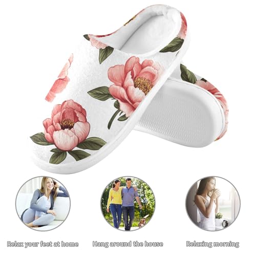Retro Peonies White Womens Cotton Slippers Soft Memory Foam Home Slippers for Spa Funny Presents 6-73