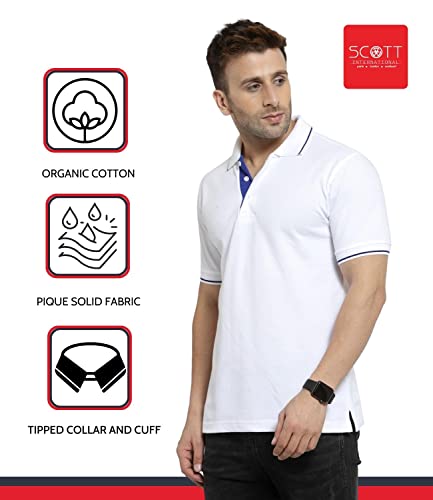 Image of Scott International Men's Organic Cotton Regular Fit Polo T-Shirt (White with Blue, Medium)