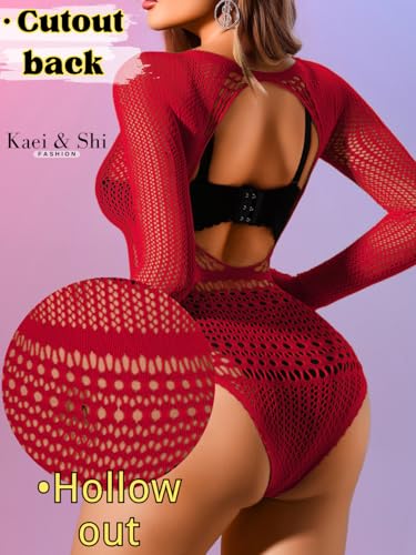 Image of Kaei&Shi Sexy Hollow Rave Outfits, Fishnet Bodysuit Fits US Women Sizes 0-18, Sheer Lace Glow Party Tops Festival Mesh