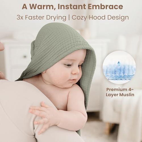 Image of Konssy 2-Pack Muslin Hooded Baby Towels, 100% Cotton, Ultra-Soft & Absorbent Baby Bath Towels with Hood for Newborn & Infant (Fog Green, Sprout, 32 inch x 32 inch)