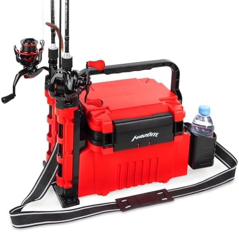 MadBite By KastKing RigHub Portable Tackle Storage Box, Adjustable Rod Holder, Cup Holder, Removable Dividers, Ideal for Fishing Lures and Gear Storage, Kayak Fishing, Ice Fishing