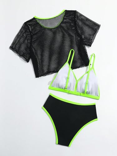 WDIRARA Girl's 3 Pieces Color Block Contrast Trim Bikini Set Swimsuit with Mesh Cover Up Top2