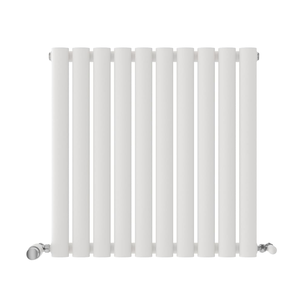 iBathUK Strata Wall-Mounted Horizontal Single Oval Panel Radiator, 10 Column Steel High Thermal Output Hydronic Central Heating, Designer Modern Radiator in Matt White, 600 × 590mm