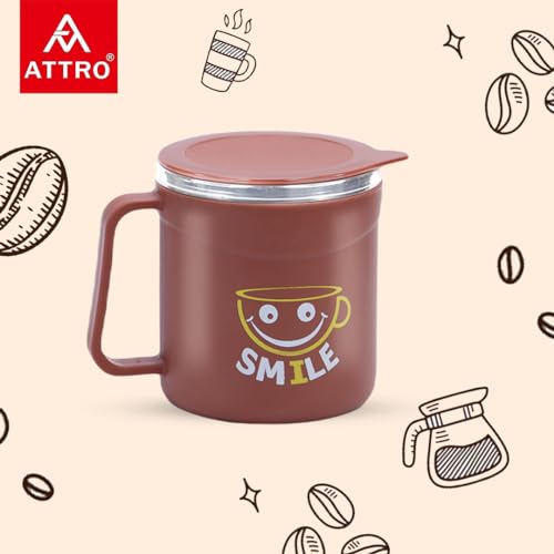 Image of ATTRO Happy Mug Set of 6-Comes with Double Wall Inner Stainless Still & Lid Stylish Cup Ideal for Hot Coffee, Tea - 300ml-Red