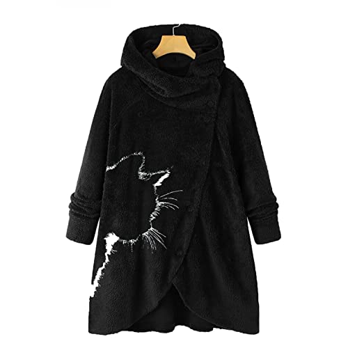 XIANTU Manteau Femme Veste D'Hiver, Dame Liquidation Veste à Capuche Veste Chat Mignon Bouton Imprimé En Peluche Hauts à Capuche Ample Cardigan Manteau De Laine Veste D'Hiver Cover