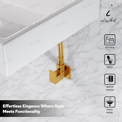 Image of InArt Brass Angle Valve /Angle Cock Valve with Wall Flange for Bathroom /Kitchen Gold Color - 5 Year Warranty