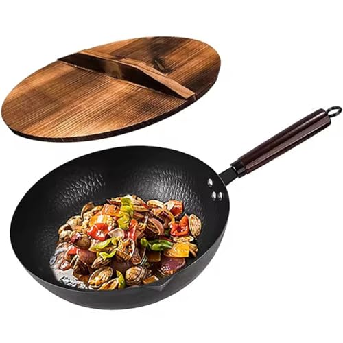 NQYZZFA Carbon Steel Hammered Pow Wok Pan with Elegant Wooden Lid, 32 Cm Non-Stick Woks and Stir-Fry Pans for Gas Stove Induction Hob Cooker Frying Pan,Black