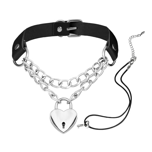 JJDreams Choker Femme Gothique Cuir Noir Pu Collier avec Serrure à Cœur Ras du Cou Punk Femme Vintage Ajustable