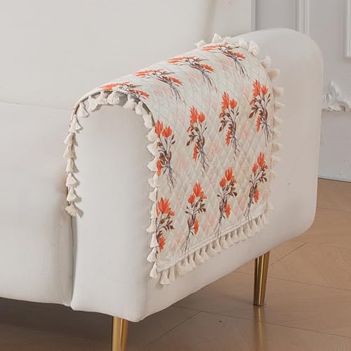 Image of HOKIPO Autumn Blossom Quilted Sofa Armrest Cover - 1 Pair | 'Tassel Twigs' Series (IN-987-T5*2)