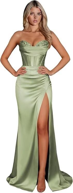 Glitter Strapless Prom Dresses for Teens 2026 Long Satin Bridesmaid Dress Mermaid Pageant Party Gowns with Slit KO062 - Image 7