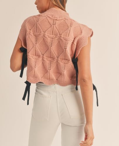 Image of Women Side Tie Sweater Vest Scallop Trim Mock Neck Knit Vest Bow Lace Up Ribbon Sweater Tank Top Knitwear
