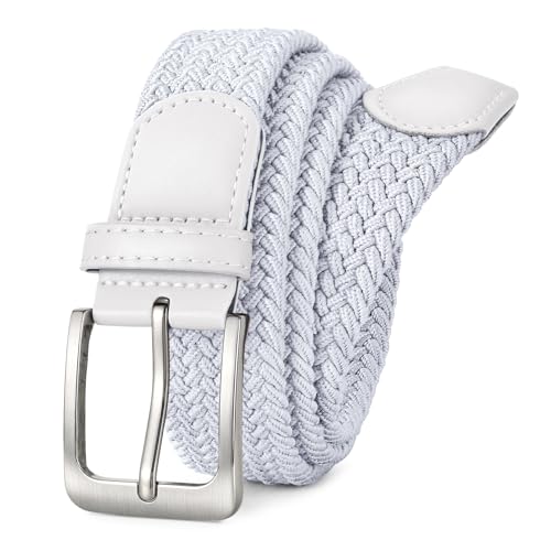 BIOHUG Men's Elastic Braided Belt Eco-Friendly Recycled Fabric Stretch Woven Belt for Jeans Pants,Golf Casual Wear 1.34" Width White