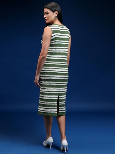 Image of Tokyo Talkies Women Tofu & Jet Black Sleveless Striped Sheath Sweater Dress