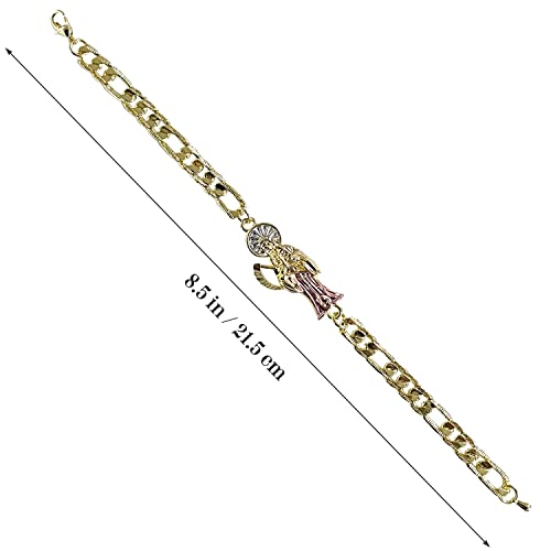 Gold Plate Santa Muerte Chain ID Bracelet For Women Men, La Santa Muerte Goth For Gifts, Mexican Skull Grim Reaper Jewelry4