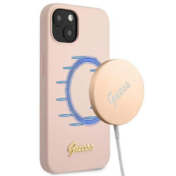 Guess GUHMP13MLSLMGLP Coque de Protection en Silicone pour iPhone 13 6,1" Rose Clair/Logo Magsafe