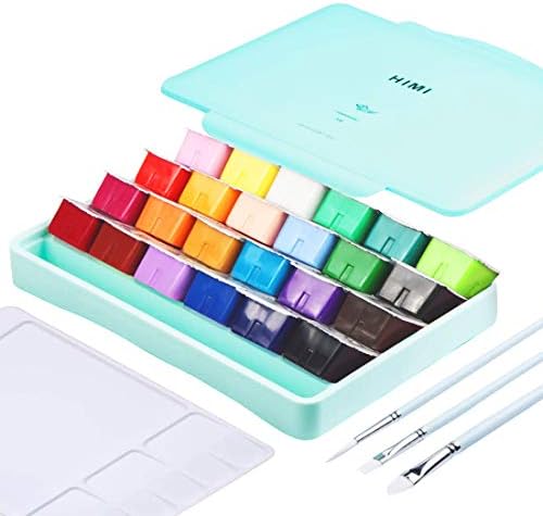 HIMI Gouache Paint Set 24 Vibrant Colors Non Toxic Paints Jelly Cup Design with Palette Paint Brushes Portable for Artist Canvas Painting Watercolor Papers, Rich Pigment, 30ml/Cup
