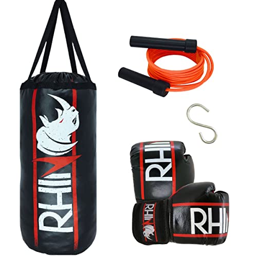 Kit Boxe Infantil Rhino by Spank Saco de Pancada Luva de Boxe e Corda Ajustável com Rolamento