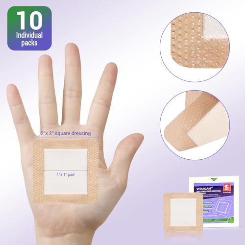 VitaFoam Silicone Foam Dressing 2\" x 2\" with Border, High Absorbency Wound Bandage, Gentle Adhesion, Soft Breathable Silicone Bandages for Wound Care, Pack of 10
