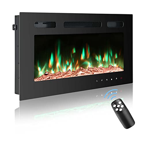 Cozy Daisy Electric Fireplace Heater,Wall Mounted and in-Wall Recessed,with Touch Screen, Realistic 12 Color Flame, Remote Controller/Log & Crystal Hearth Options,750W-1500W,Black (36 inch)