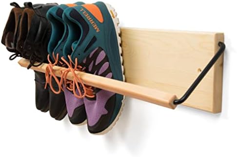 PeachyModern Wall Mounted Shoe Rack - A wooden, modern, slim, and small shoe rack that makes it a compact entryway shoe storage solution for shoes, boots, and kids shoes in narrow spaces, entryways, or hallways. (Pine, 30-in-wide)