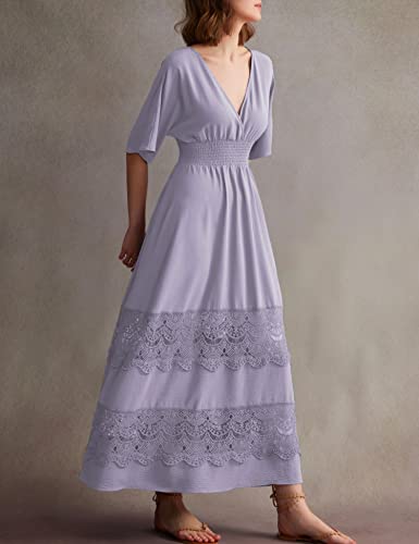 Image of Olaesa Boho Maxi Dress V Neck Short Sleeve Lace Smocked Waist Flowy Dress | Wedding Guest Dress with Pockets, Summer Bohemian Vacation Dress, Elegant Party Dress for Family photo& Baby Shower