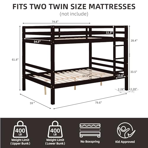 Image of Full Over Full Bunk Bed with Ladder, Solid Wood Bunk Bed with High Guardrail and Ladder for Kids, Teens, Dorm Rooms, and Guest Rooms, No Box Spring Needed, Espresso