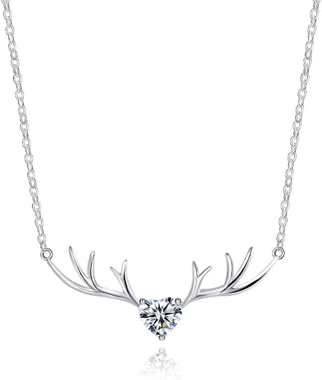 JOLINO Deer Antler Necklace with Heart Zircon,925 Sterling Silver Plated with Platinum,Surprise your wife, girlfriend, mother, or best friend on birthdays, anniversaries, Valentine’s Day, Christmas, or graduations as a gift