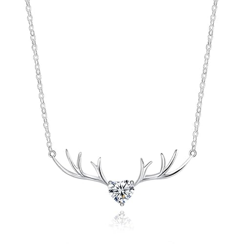 JOLINO Deer Antler Necklace with Heart Zircon,925 Sterling Silver Plated