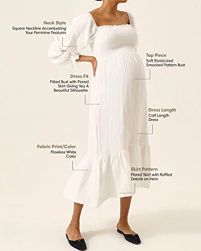 Nothing Fits But Women's Classic Nursing Cotton Yuki Dress, Muslin Yuki Maternity Gown, Casual Maternity Dress, White, White Wear, M - 6