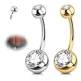 AVYRING Set di 2 piercing per ombelico da donna, 14 G in titanio con accenti di diamanti, lunghezza 6/8/10/12/14 mm, argento e oro, ipoallergenici e confortevoli, 10mm, Titanio