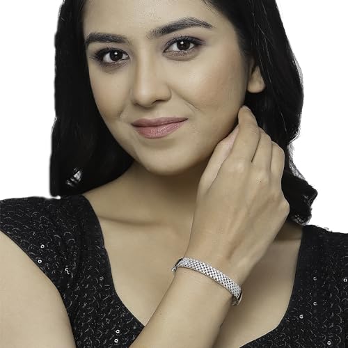 Image of ZENEME Rhodium-Plated Silver Toned American Diamond Studded Contemporary Kada Bracelet For Girls and Women