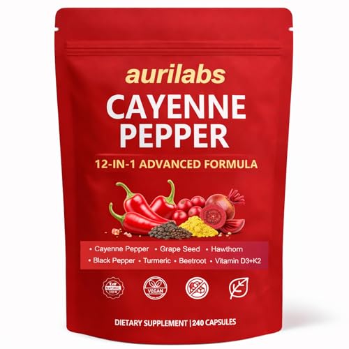 Aurilabs Cayenne Pepper softgels - Vitamin D3+K2 Complex Circulation Support Formula with Capsaicin & Botanicals Vegetarian Non-GMO Softgels for Daily Wellness (1)