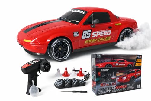 Image of 1:24 RC Drift Car 4WD, 20km /h Remote Control Car with Smoke Effect, Pop-Up Headlights, LED Lights, Drift Tires, Rechargeable Toy Car for Kids & Adults (Red)