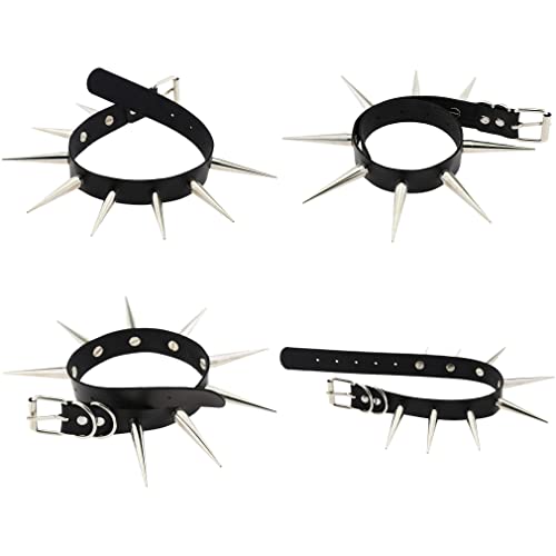 FM FM42 Unisex Simulated Leather PU Punk Rock Gothic Black-tone/Silver-tone Very Long 5.5cm(2.16") Spikes Rivets Choker Collar Necklace (16 Colors)3