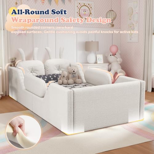 Image of Twin Bed Frame for Kids, Floor Platform Bed Rabbit, Beige