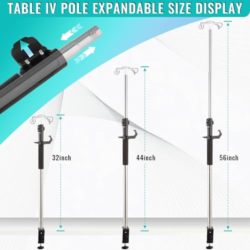 Crilealym Table IV Poles,32 to 56In Telescopic Desktop IV Stand with 4 IV Bag Holder Portable Frosted Pipe Extension Pole IV Influsion Pole with Storage Hook for Home Hospital Clinic (Silver) - Thumbnail 2