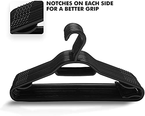 KEPLIN 30 Pack 5-in-1 Clothes Hangers  Adult Plastic Coat Hangers for Wardrobe  Space Saving Storage Organiser Hangers with Tie Bar, Strap Hooks, Non-Slip Notches and Secure Lip (Black)