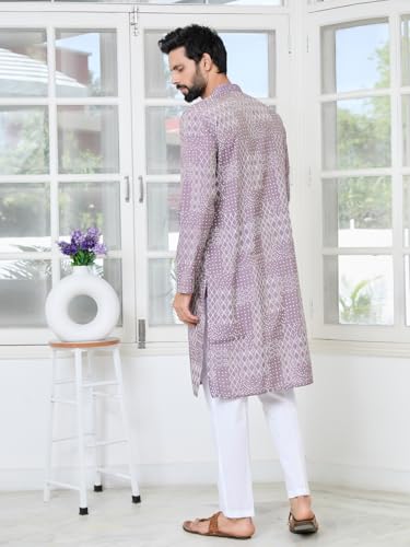 Image of See Designs Men's Full Sleeve Mandarin Collar Floral Embroidered Mandarin Collar Thread Work Straight Long Kurta - Festive Collection