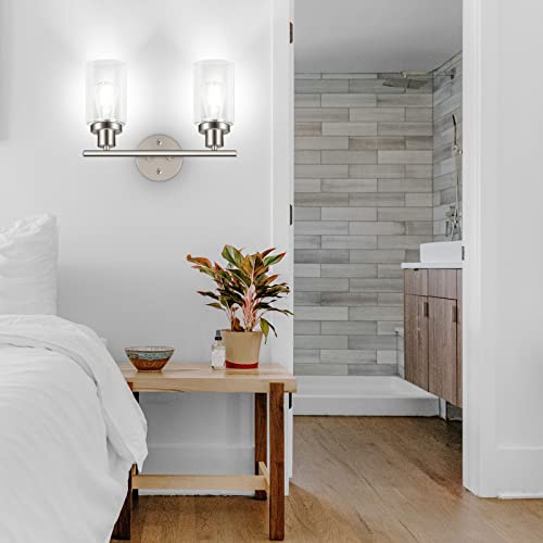 Image of Unicozin 2 Light Vanity Lights, Brushed Nickel Wall Sconce Light with Clear Glass, Bathroom Light Fixtures, Wall Lights for Mirror, Living Room, Bedroom, Hallway, E26 Base (Bulbs Not Included)