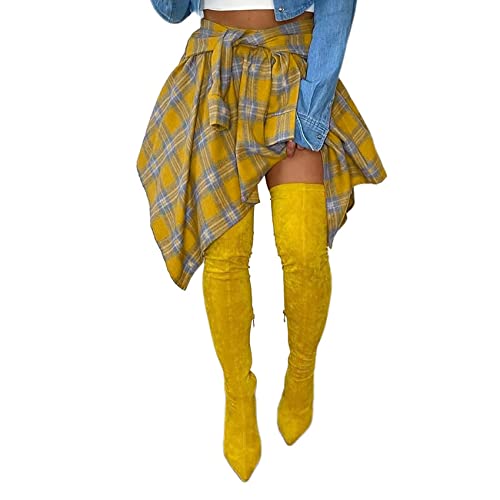 Falda De Camisa Falsa con Manga De Lazo A Cuadros Irregulares A La Moda para Club Nocturno para Mujer Cover