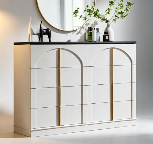 ACCOHOHO Large Dresser for Bedroom with 8 Drawers with Arched Panel,Modern Minimalist Chest of Drawers with Gold Handles,Wood Storage Closet Dressers Tv Stand for Living Room, Hallway,White